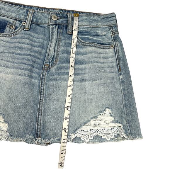 American Eagle Jean Skirt Hi-Rise Festival Mini Light Wash Denim Lace Women's 0 - Picture 7 of 12